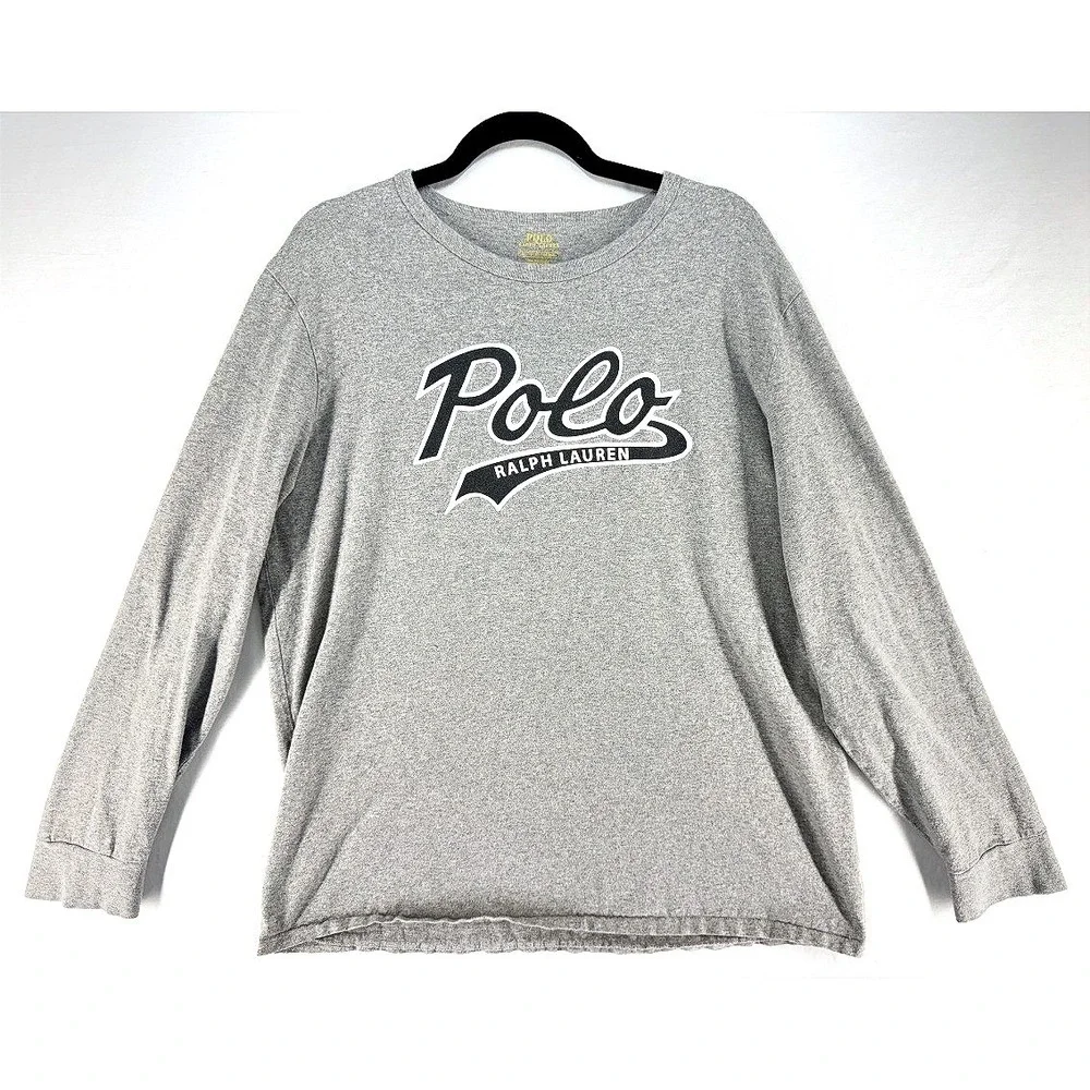Polo Ralph Lauren Mens Heather Gray Spellout Logo Long Sleeve Varsity XL Preppy